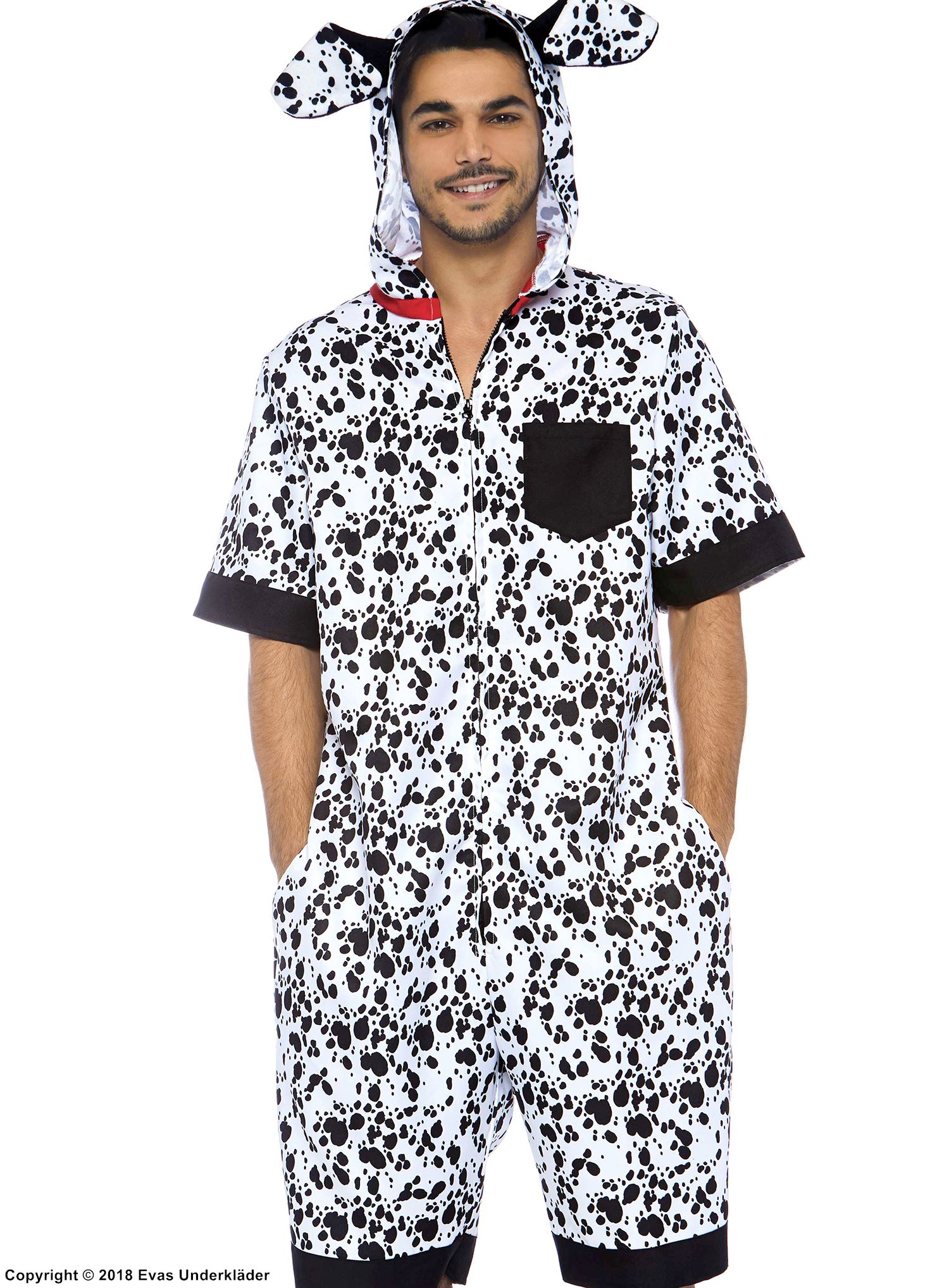 Dalmatian, costume romper, hood, short sleeves